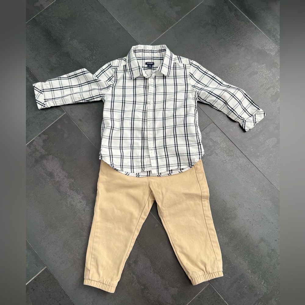 European Matching Button down Shirt and Pants Set, Tan and Plaid, Size 24M
